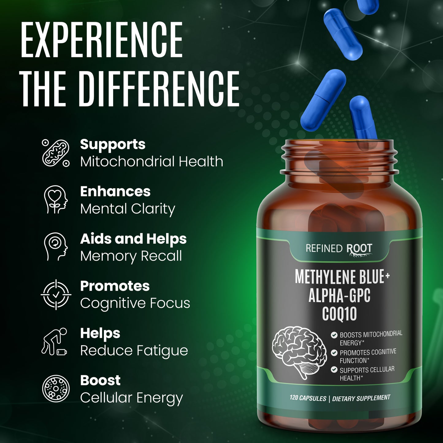 Methylene Blue Pharmaceutical Grade 10mg with CoQ10 500mg and Alpha GPC Supplement 300mg