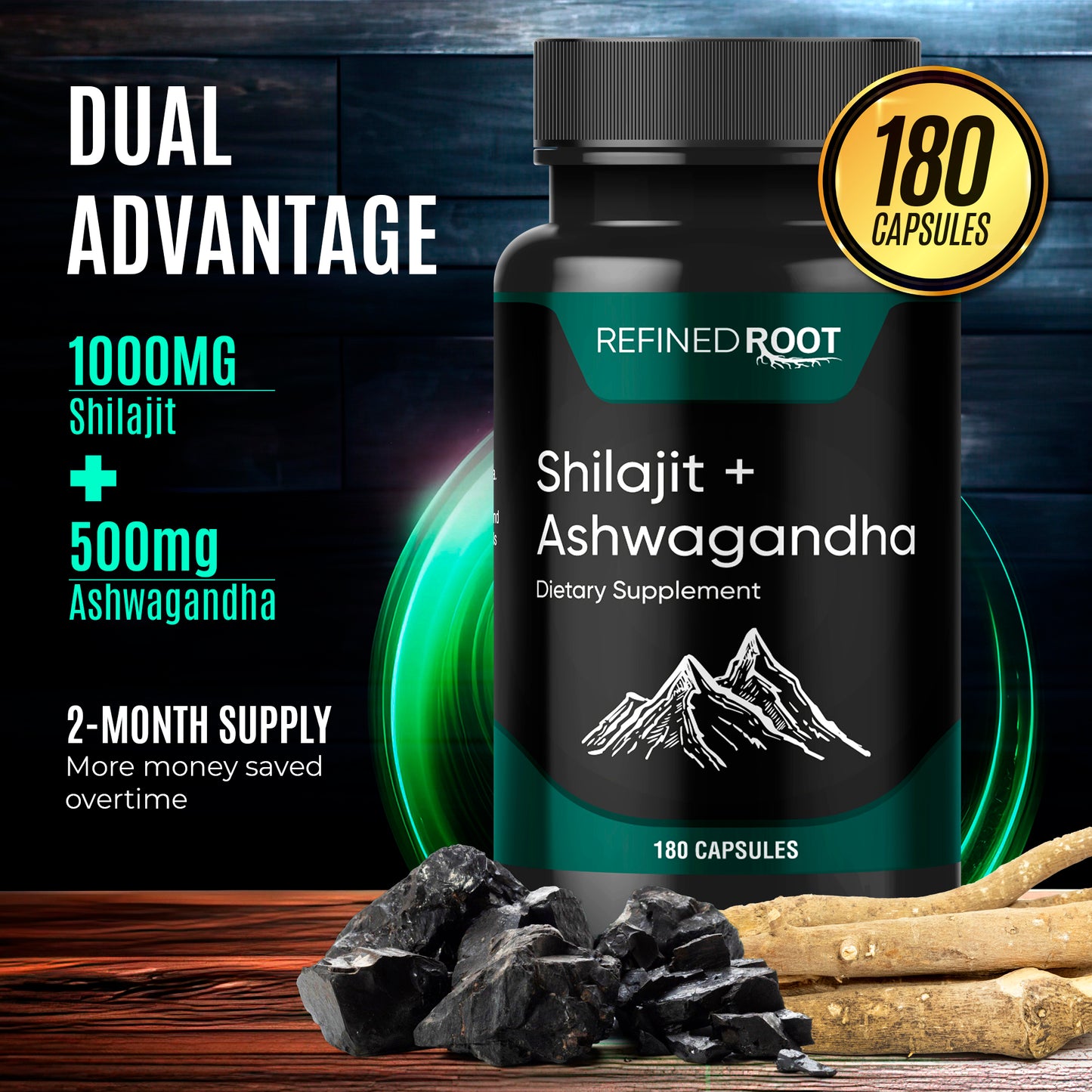 Refined Root - Shilajit 1000mg with Ashwagandha 500mg (180 Count) Pure Himalayan Shilajit - (20% Fulvic Acid Supplement)