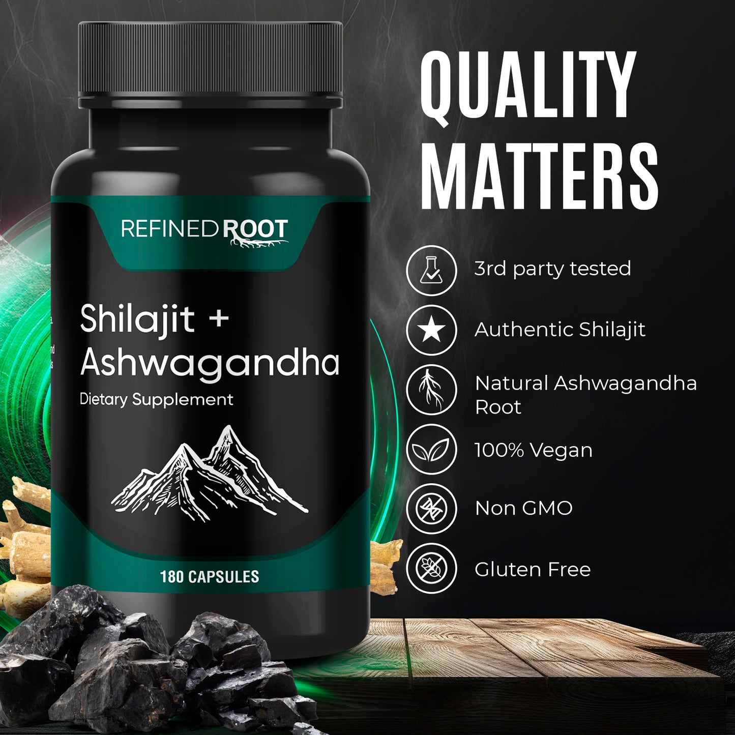 Refined Root - Shilajit 1000mg with Ashwagandha 500mg (180 Count) Pure Himalayan Shilajit - (20% Fulvic Acid Supplement)