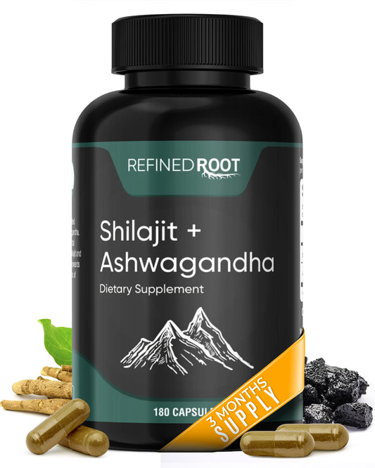 Refined Root - Shilajit 1000mg with Ashwagandha 500mg (180 Count) Pure Himalayan Shilajit - (20% Fulvic Acid Supplement)